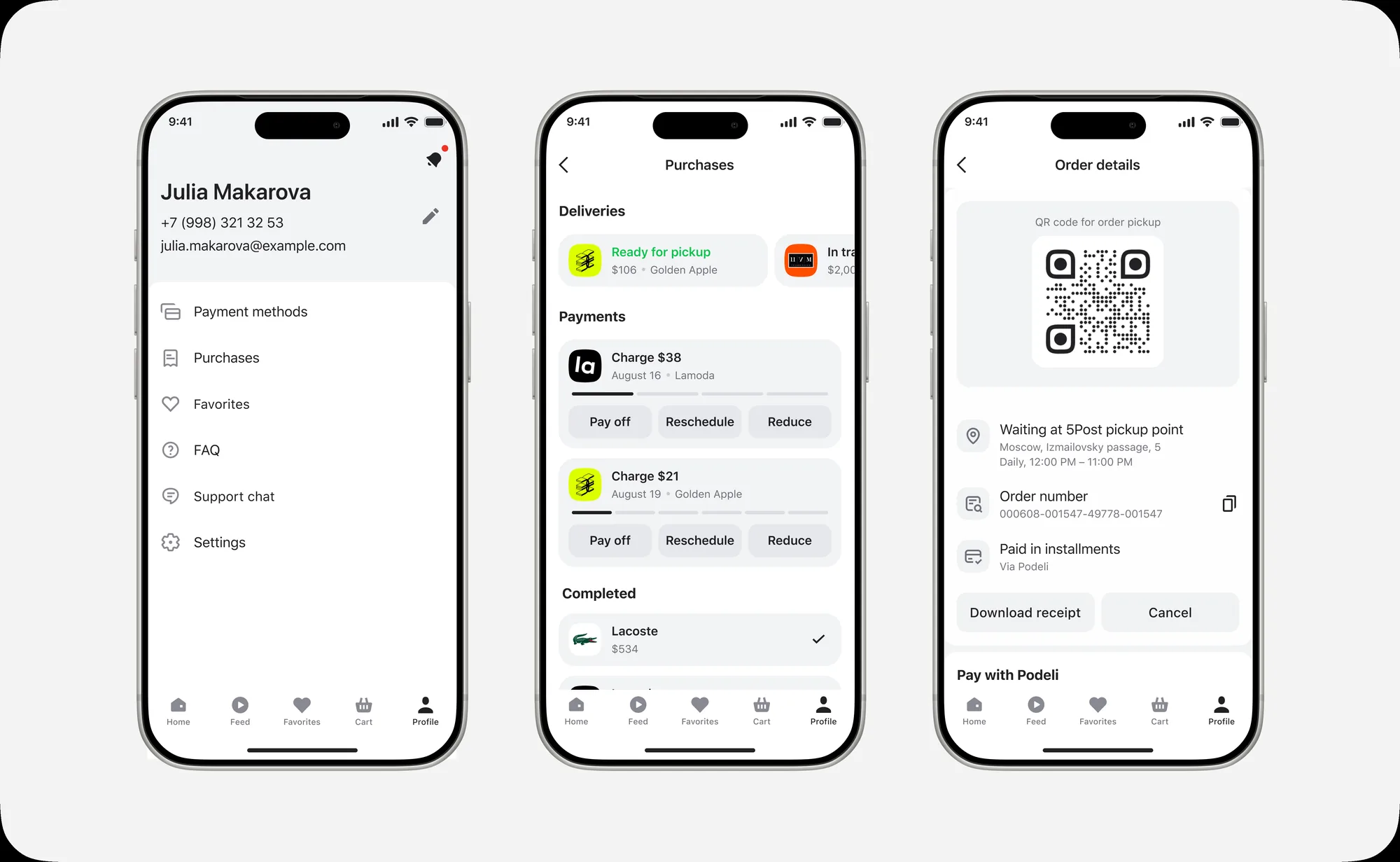 The Purchases section with deliveries and payments