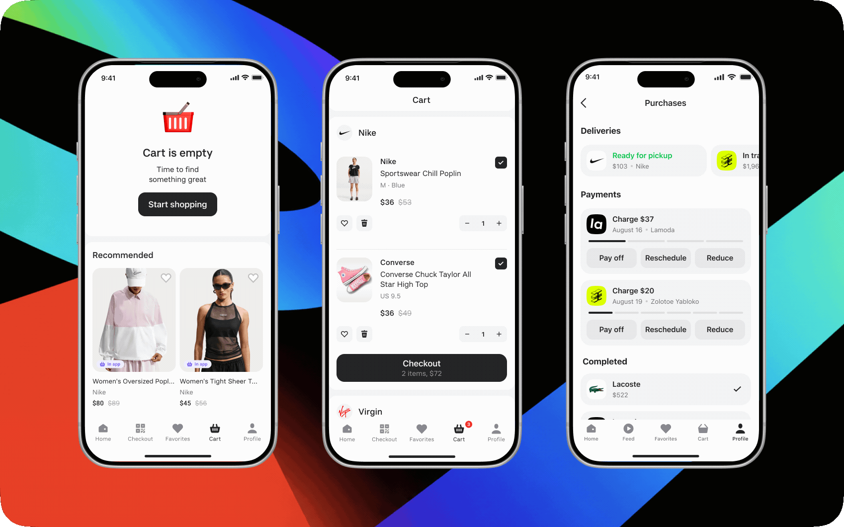 Purchase flow overview — empty cart, multi-seller cart, and the Purchases section
